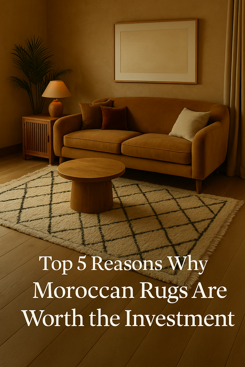 Elegant living room featuring a handmade Moroccan rug with a black diamond pattern on cream wool, styled with a camel suede sofa, wood furniture, and warm lighting.