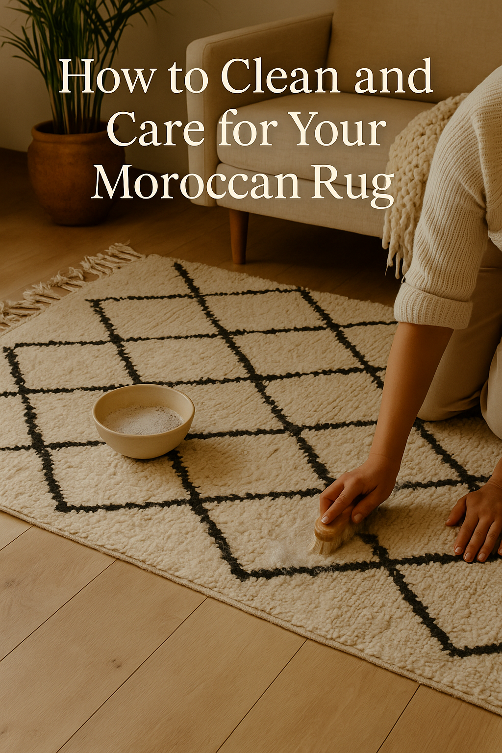 Person gently cleaning a handmade Moroccan rug with black diamond patterns using a soft brush and soapy water, in a cozy living room with beige decor and natural light.