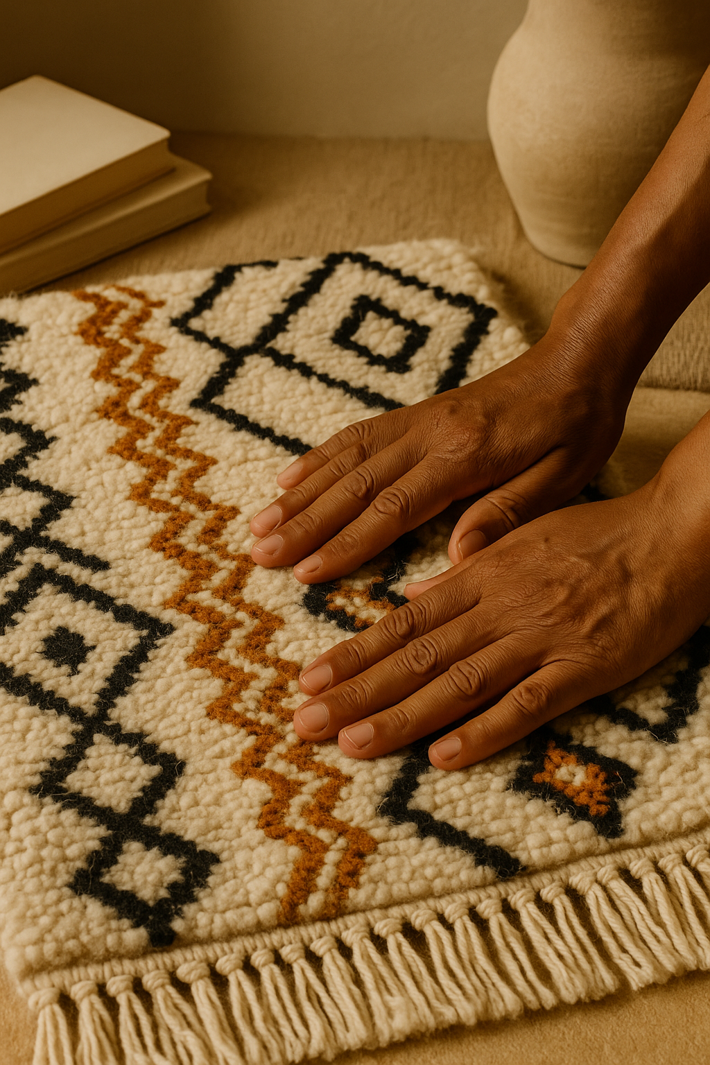 Close-up of artisan hands touching a handmade Moroccan Berber rug with cream wool and black and orange geometric patterns, showcasing texture and authenticity.