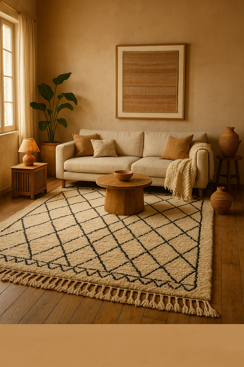 Sunlit living room with a handmade Moroccan Berber rug featuring a diamond pattern, styled with neutral decor and natural wood furniture