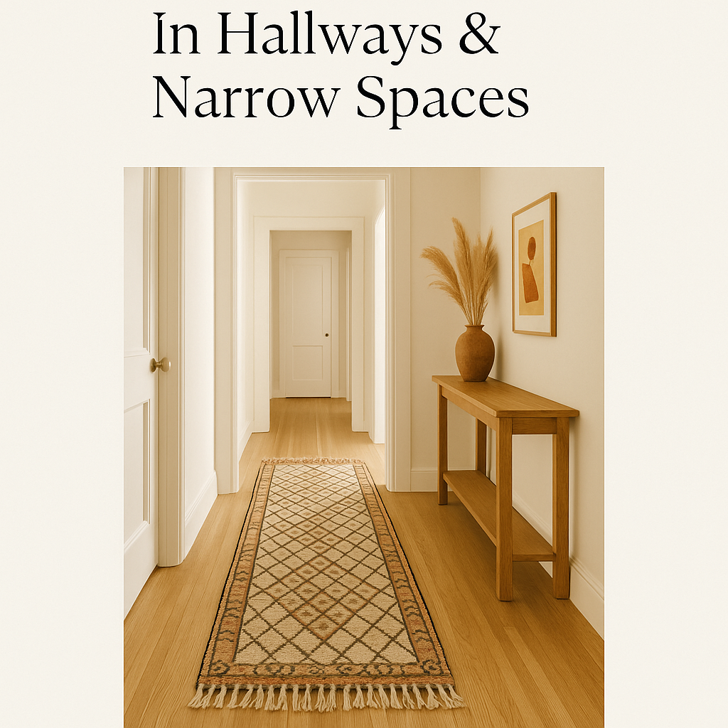 A bright hallway with a handmade Moroccan runner rug featuring geometric patterns, styled with a wooden console table and warm minimal decor