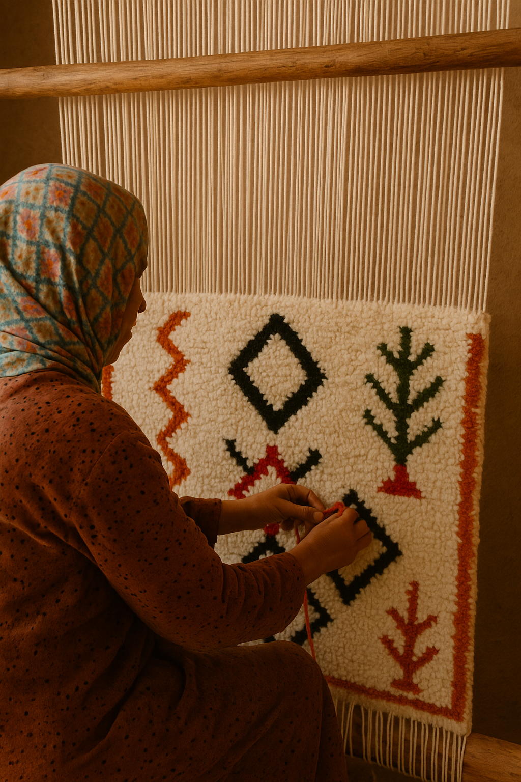 Berber woman weaving a traditional Moroccan rug on a wooden loom, featuring bold geometric symbols like diamonds, zig-zags, and tree motifs in red, black, and green on a cream wool background.