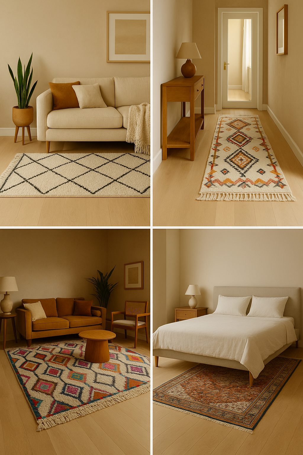 Collage of four interior spaces featuring Moroccan rugs: a black-and-white rug in a neutral-toned living room, a tribal runner rug in a hallway, a colorful Berber rug in a cozy sitting room, and a vintage Moroccan rug under a bed in a minimalist bedroom.