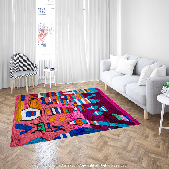Handmade Moroccan rug with colorful striped and tribal motifs in vibrant wool