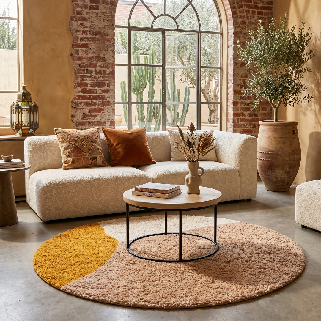 Abstract earth tone round Moroccan wool rug with mustard, ivory, and clay color-block design, handmade plush Berber shag area rug