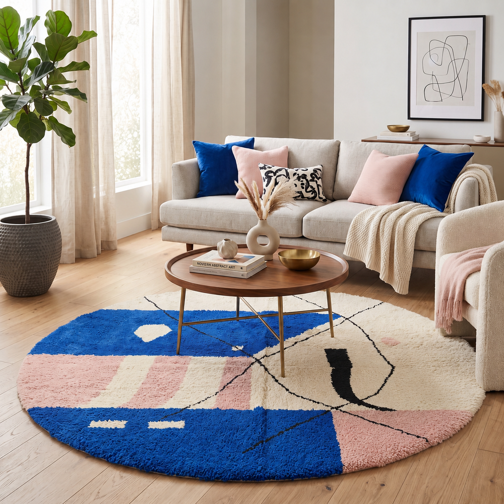 Round Moroccan wool rug with abstract blue, pink, white shapes and black line details.
