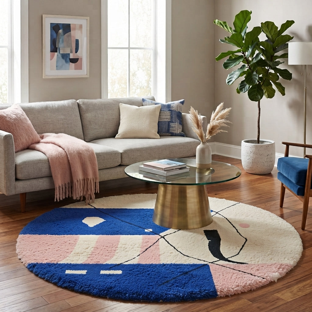 Round Moroccan wool rug with abstract blue, pink, white shapes and black line details.