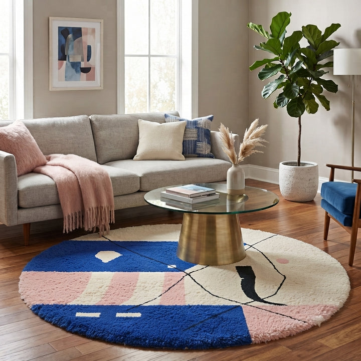 Round Moroccan wool rug with abstract blue, pink, white shapes and black line details.