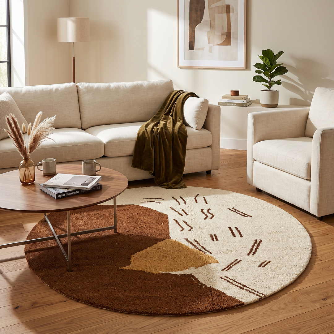 Round Moroccan abstract rug with brown, beige, and cream geometric shapes and artistic line details.