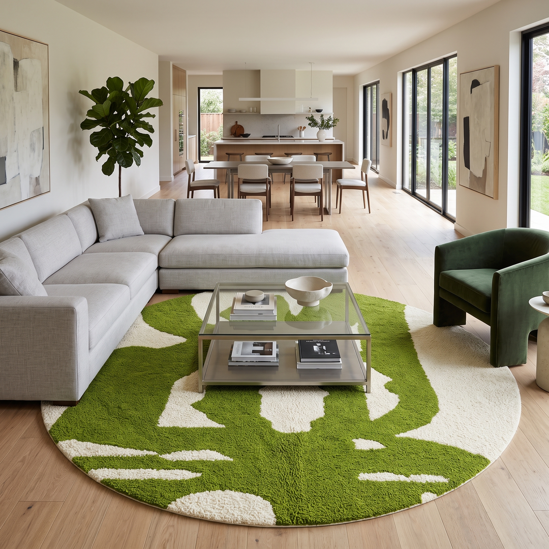 Round abstract Moroccan rug with vibrant green and white organic pattern.