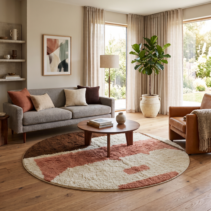 Round Moroccan wool rug with modern abstract design in brown, peach, and white.