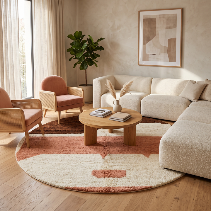Round Moroccan wool rug with modern abstract design in brown, peach, and white.