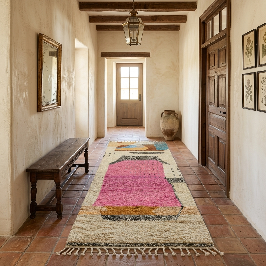 Artistic Moroccan wool runner rug with abstract Berber design and pink center