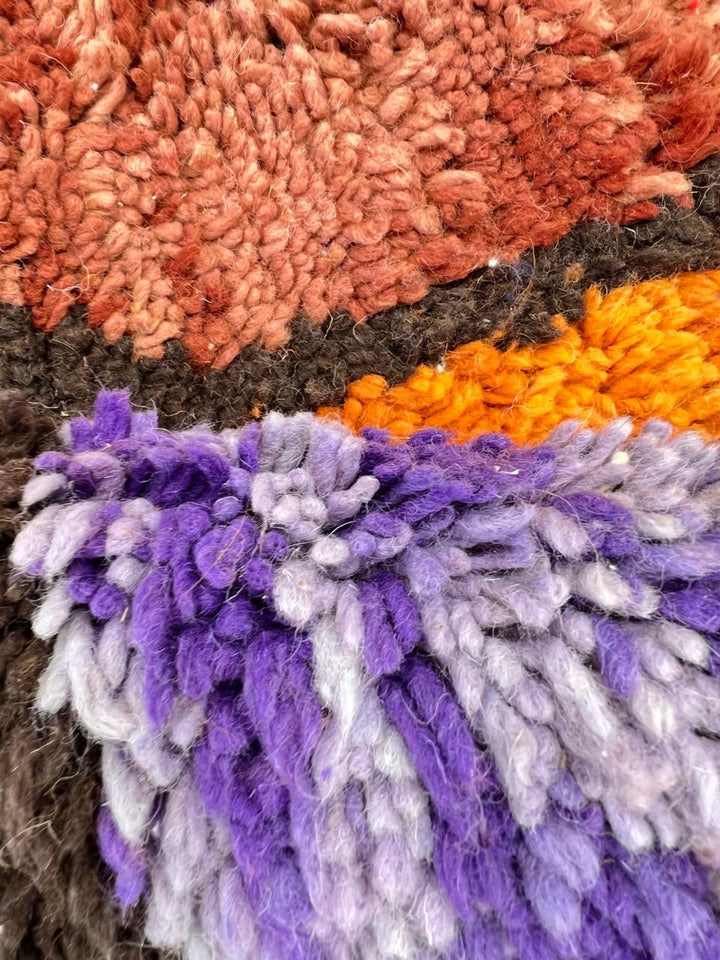 Abstract color block Moroccan wool rug with bold orange, red, green, and purple geometric design
