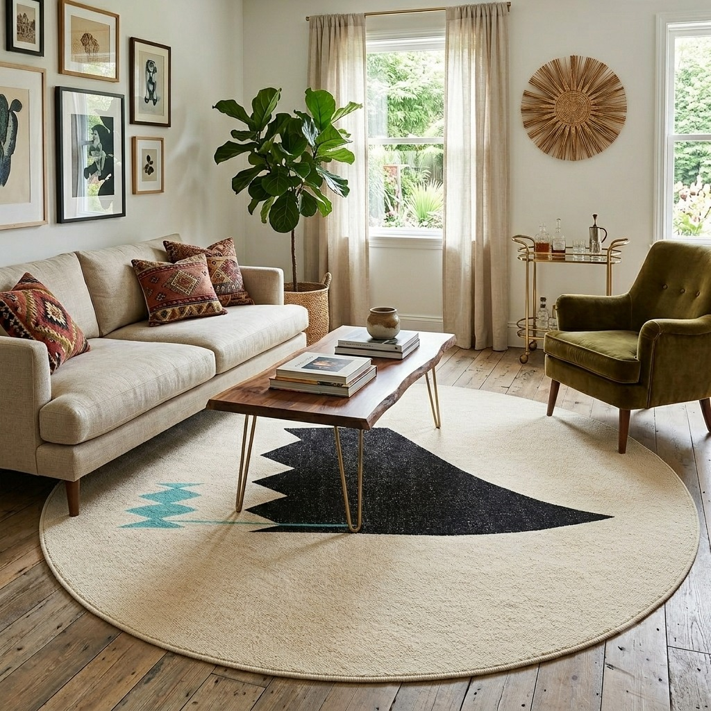 Abstract round Moroccan kilim rug with flatweave wool design in white, black, and teal.