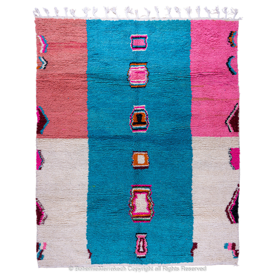 Colorful handmade Boujaad Moroccan rug with pink, blue, and geometric motifs