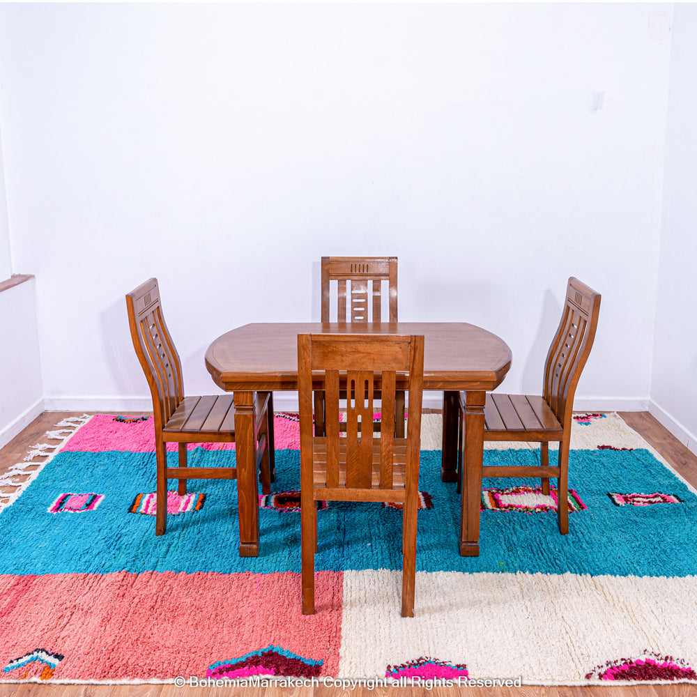 Colorful handmade Boujaad Moroccan rug with pink, blue, and geometric motifs