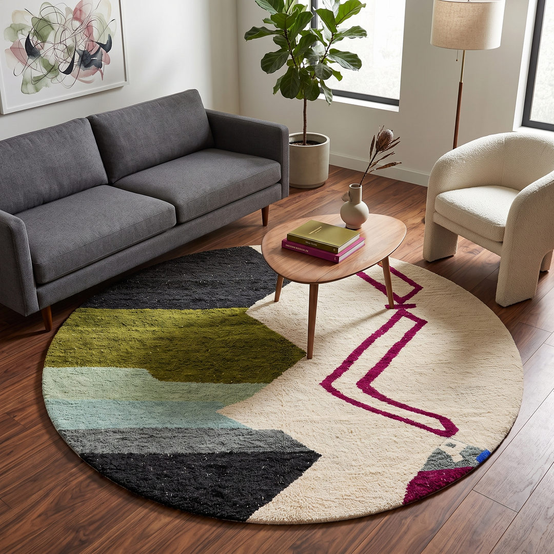 Handmade Moroccan wool rug with abstract Berber-inspired design, earthy tones, and round shape.