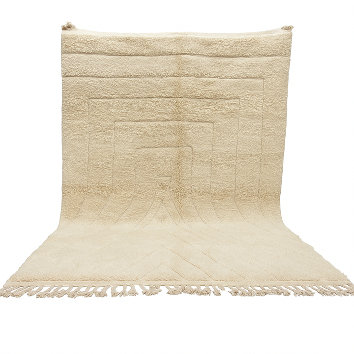 Beige minimalist Moroccan wool rug with tone-on-tone geometric design
