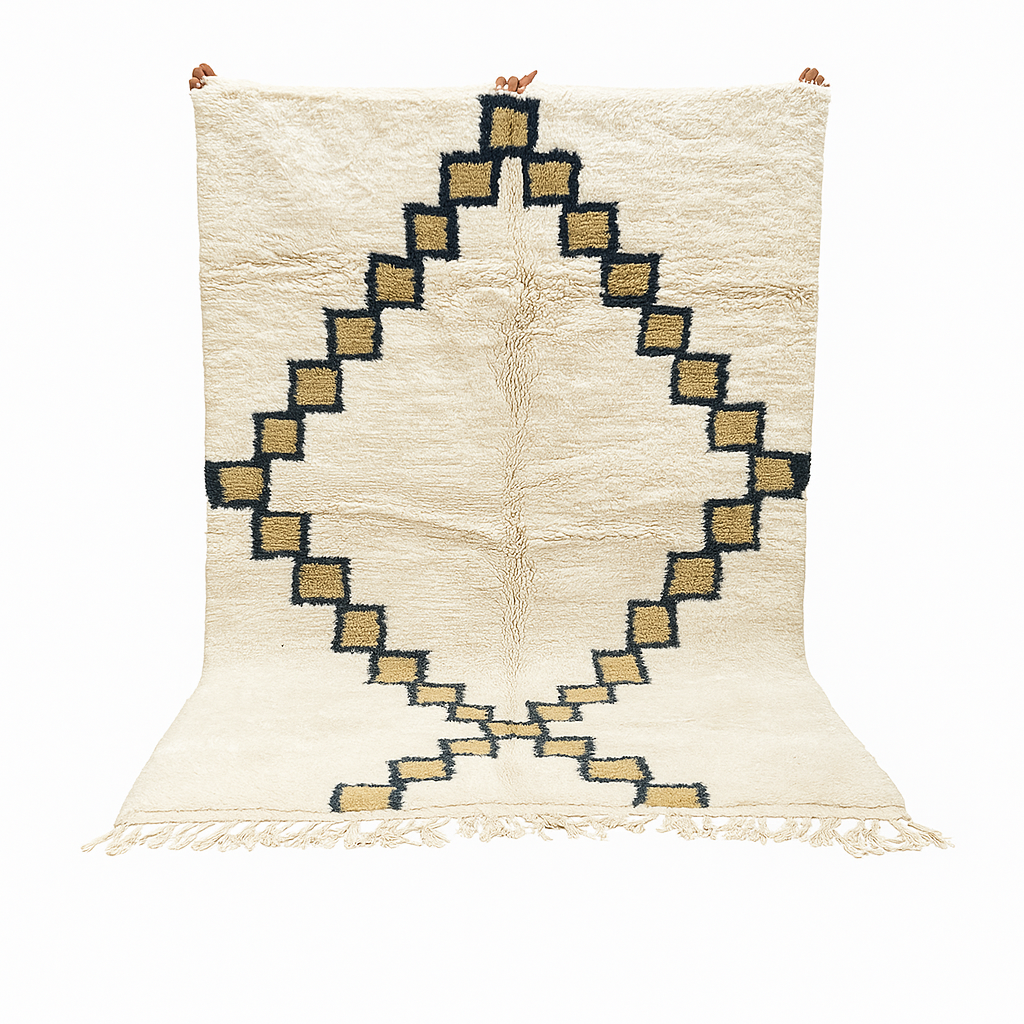 Beige Moroccan wool rug with black geometric diamond pattern, handmade by Berber artisans