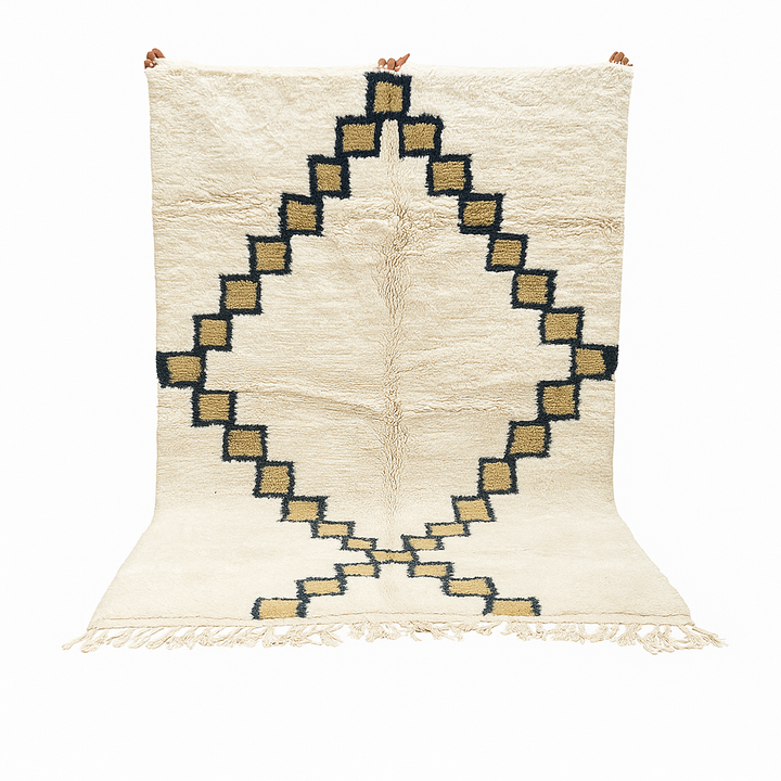 Beige Moroccan wool rug with black geometric diamond pattern, handmade by Berber artisans