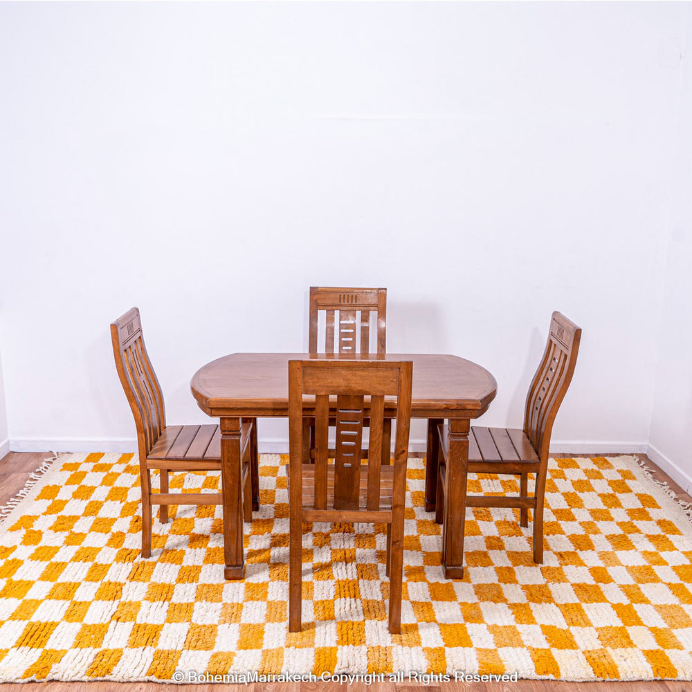 Handmade Moroccan rug with orange and white checkerboard pattern – wool area rug
