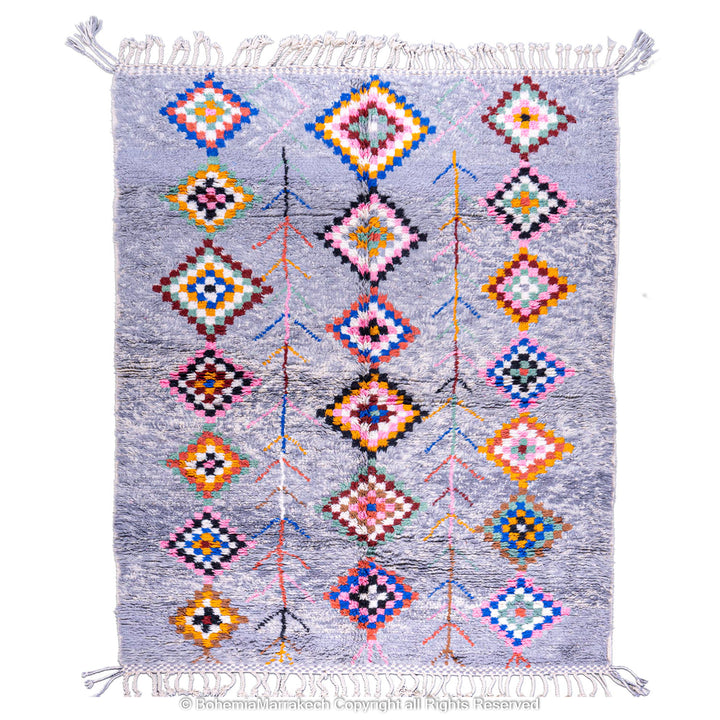 Colorful diamond Moroccan wool rug with grey shag background