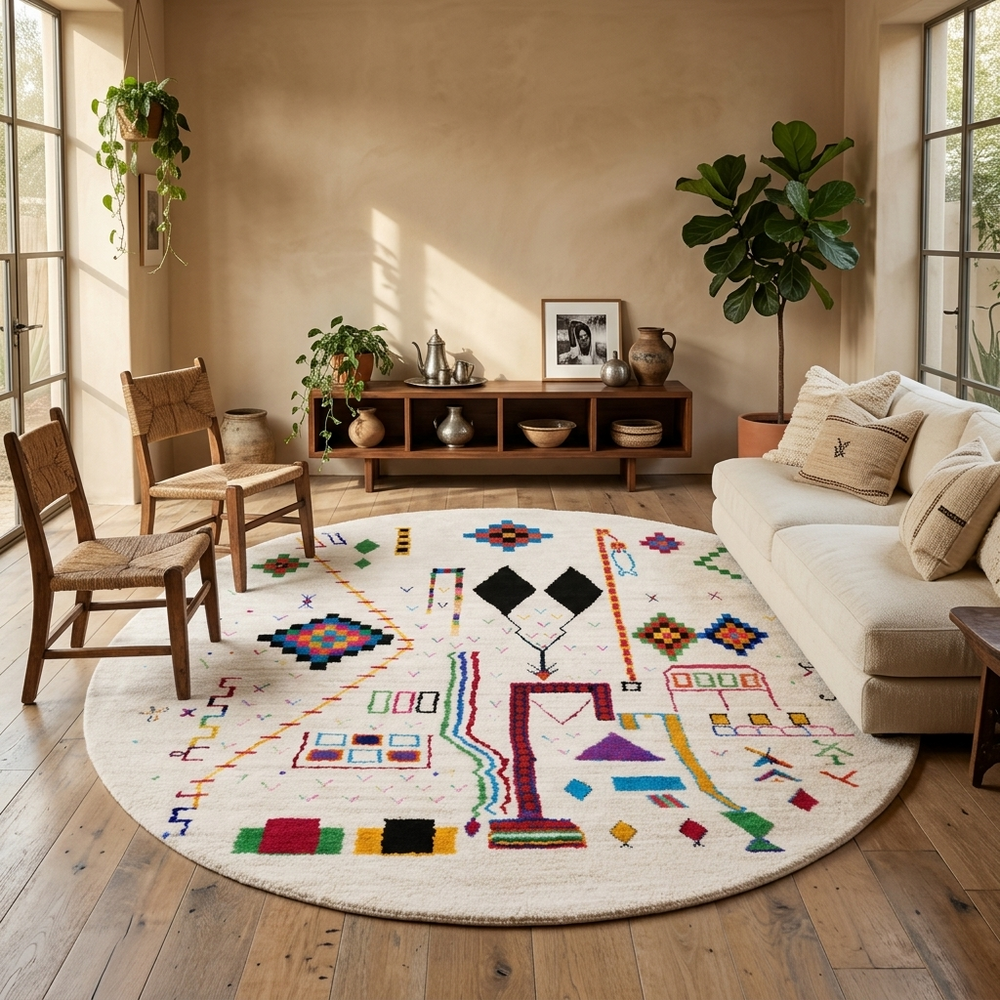 Handmade round Moroccan wool rug with colorful Berber symbols and tribal motifs on a natural white background.