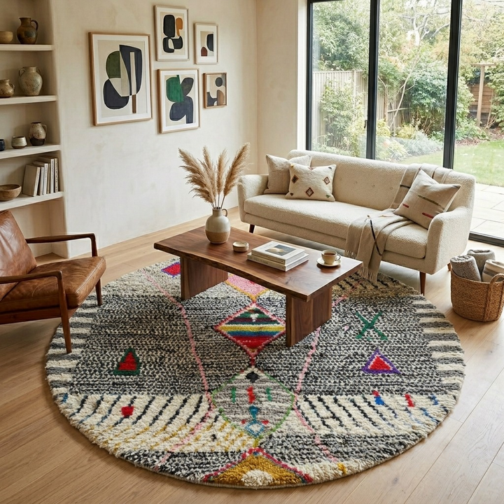 Handmade round Moroccan wool rug with traditional Berber symbols and tribal patterns on white background