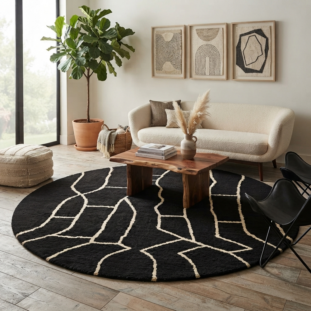 Round black Moroccan wool rug with beige abstract line design.