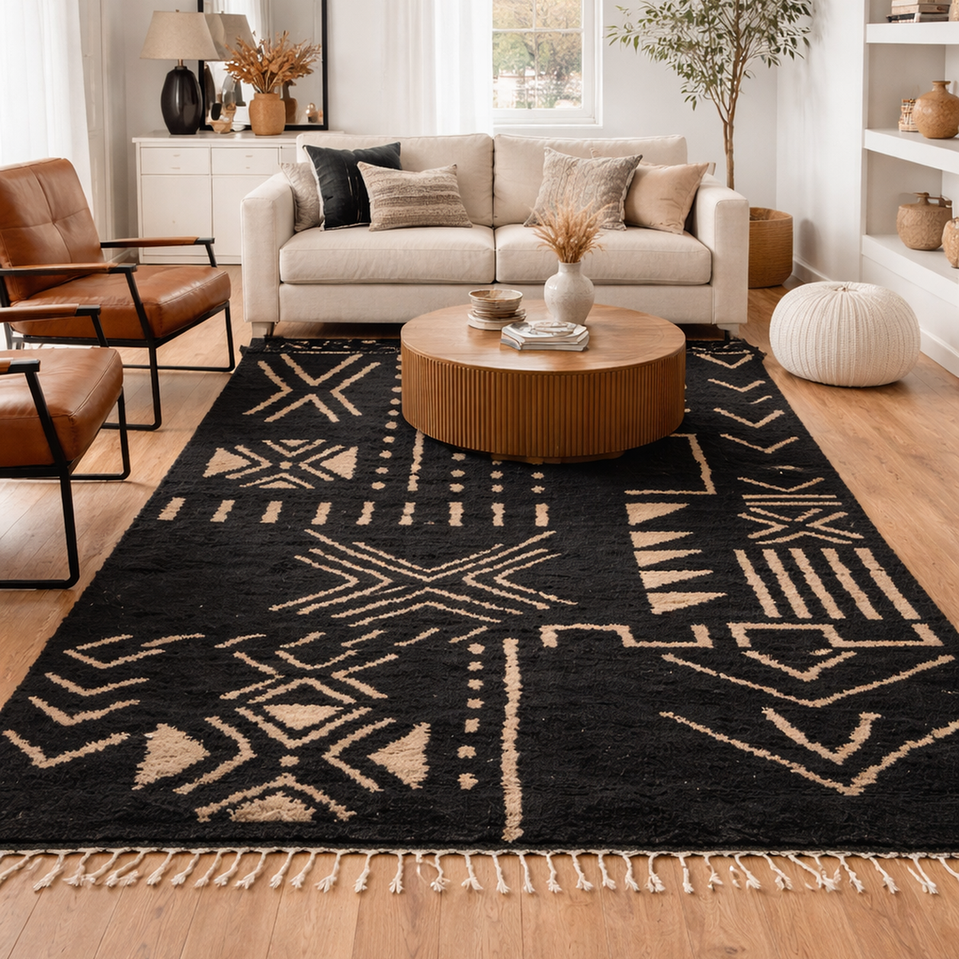 Black Moroccan Berber wool rug with ivory tribal geometric patterns, handmade shag rug with tassels
