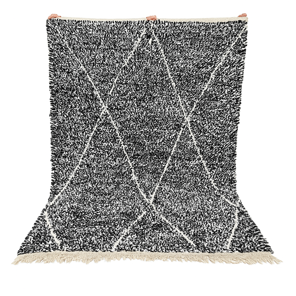 Handmade black Moroccan wool rug with cream diamond pattern – Beni Ourain style