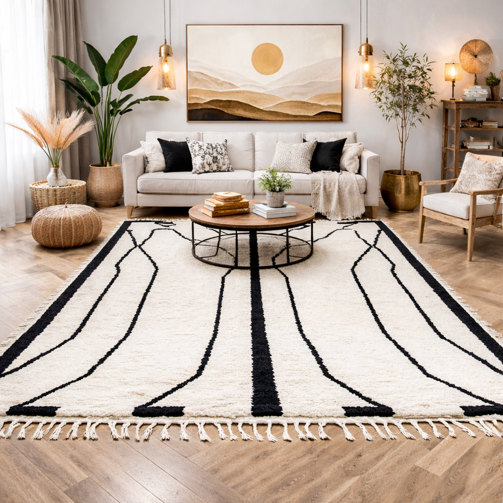 Black and white Moroccan Berber wool rug with linear geometric pattern, handmade plush shag rug with tassels