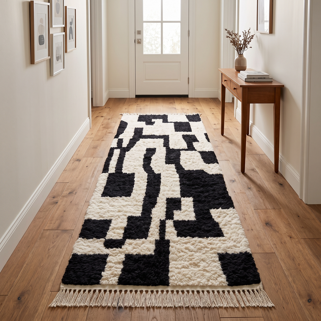 Black and white Moroccan wool runner rug with abstract Berber geometric pattern