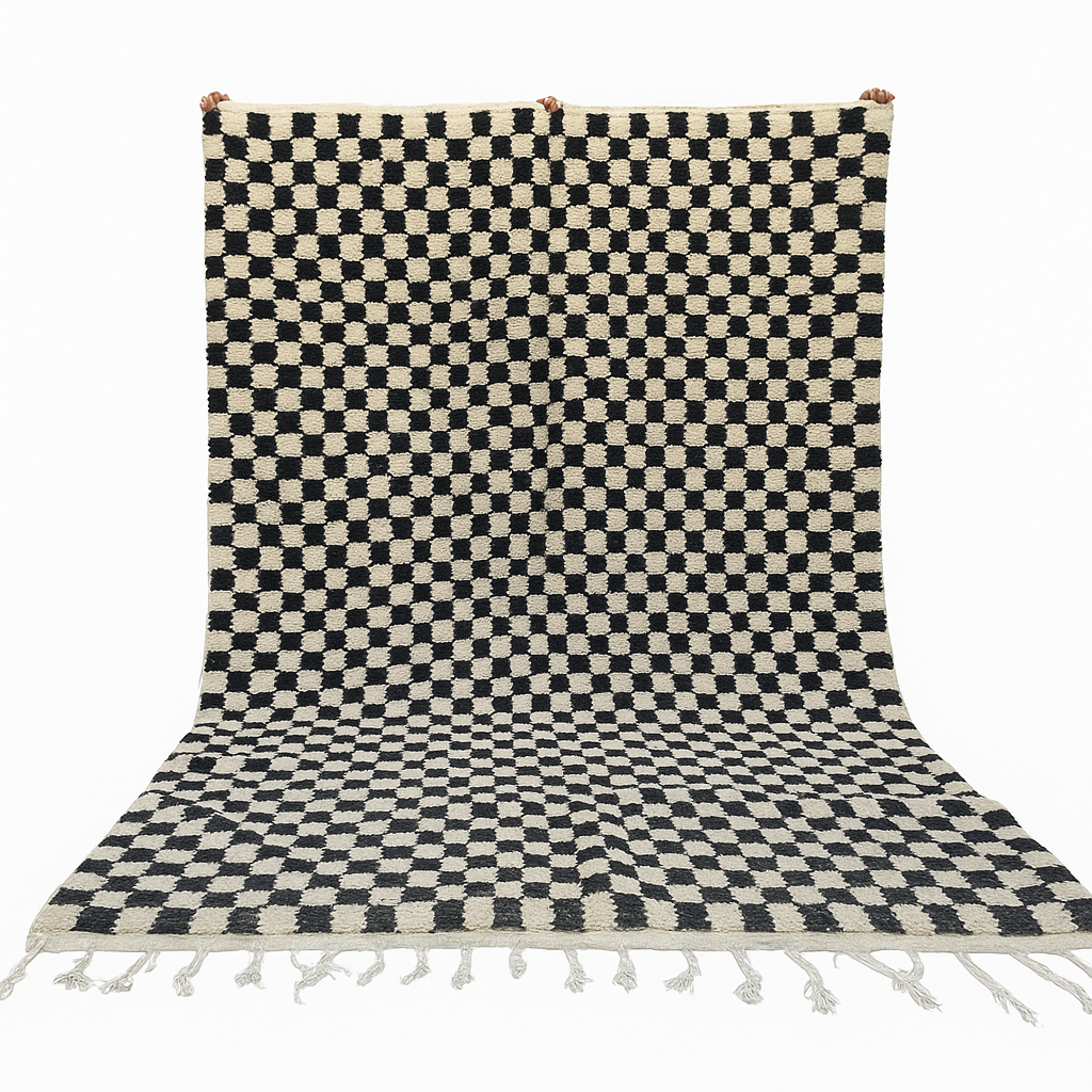 Handwoven black and white Moroccan wool rug with checkerboard pattern