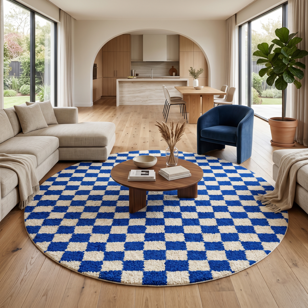 Blue and white checkered Moroccan round rug with modern geometric pattern.