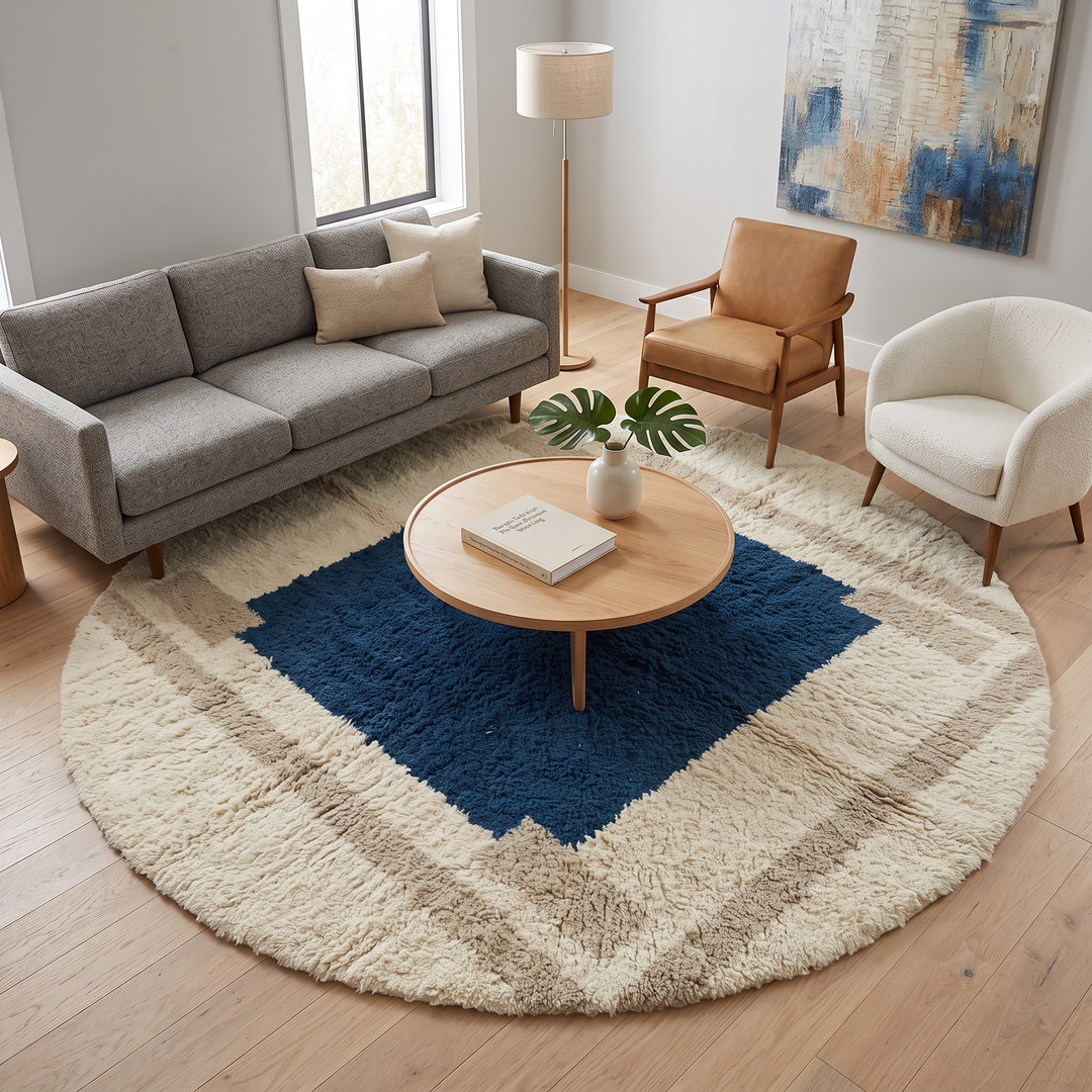Round Moroccan wool rug with a navy blue center and beige geometric border.