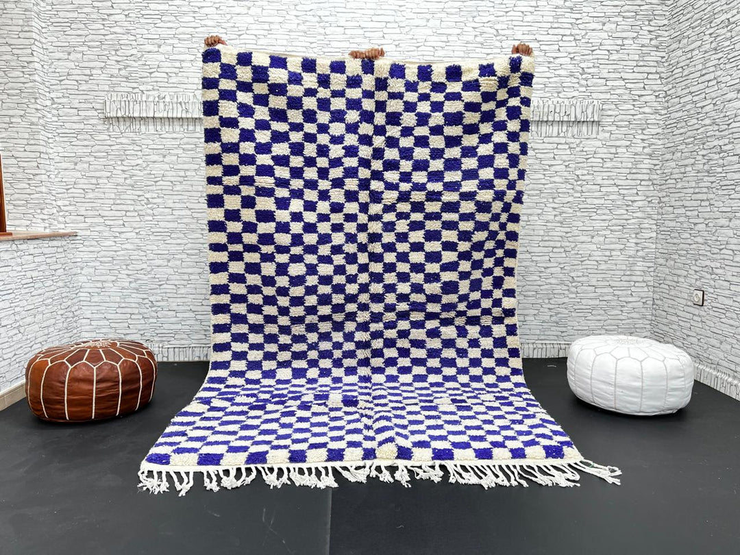 Blue and white checkered Moroccan wool rug, handmade by Berber artisans from 100% natural wool