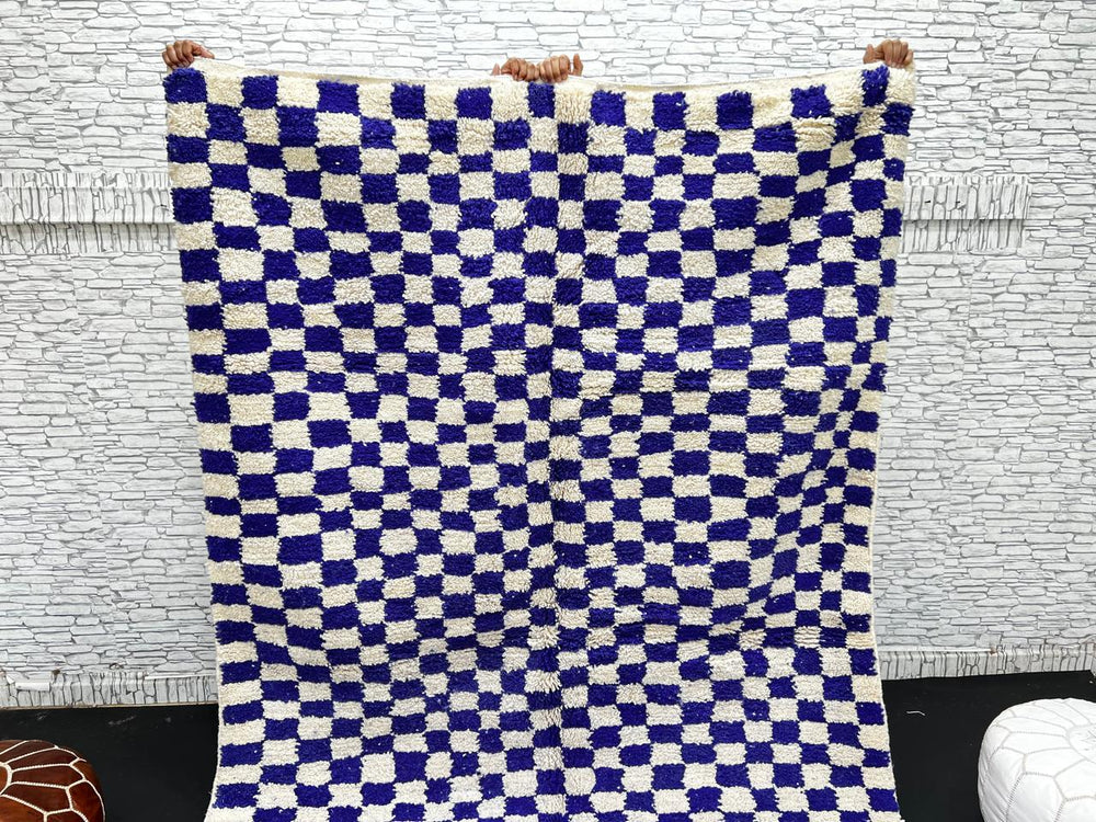 Blue and white checkered Moroccan wool rug, handmade by Berber artisans from 100% natural wool