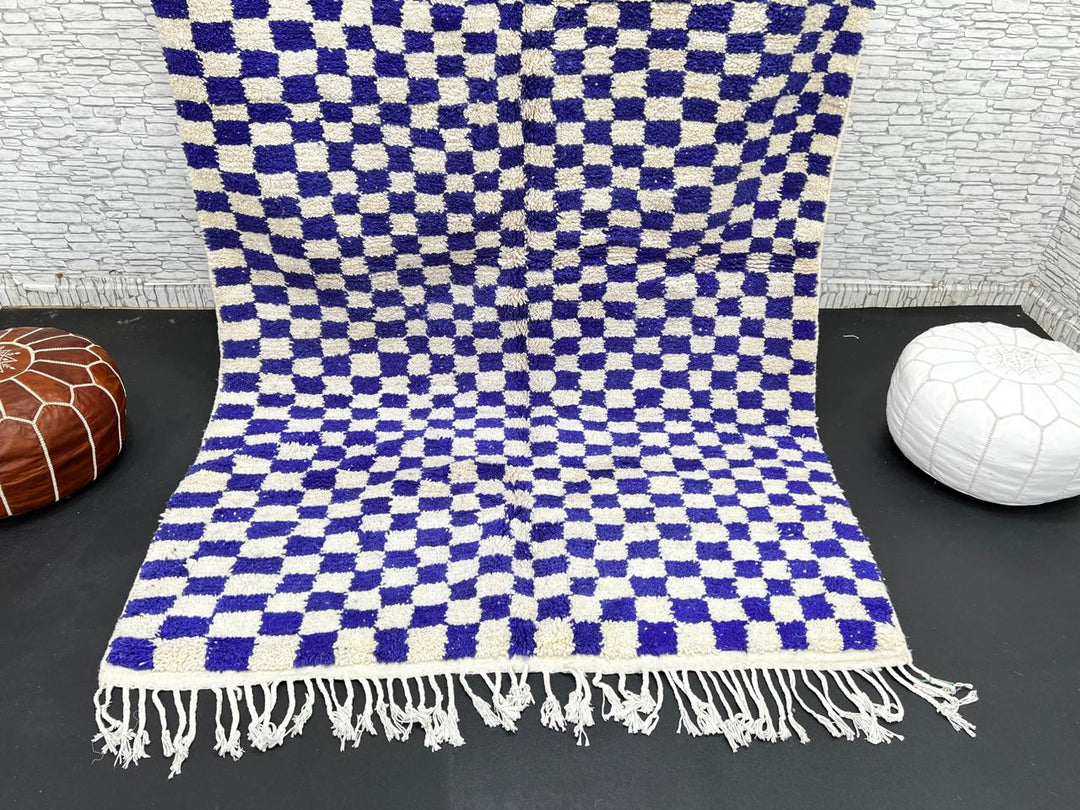 Blue and white checkered Moroccan wool rug, handmade by Berber artisans from 100% natural wool