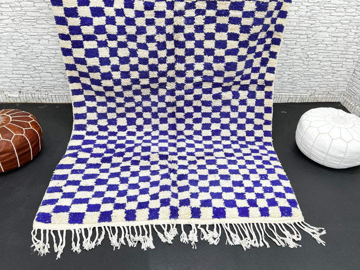 Blue and white checkered Moroccan wool rug, handmade by Berber artisans from 100% natural wool