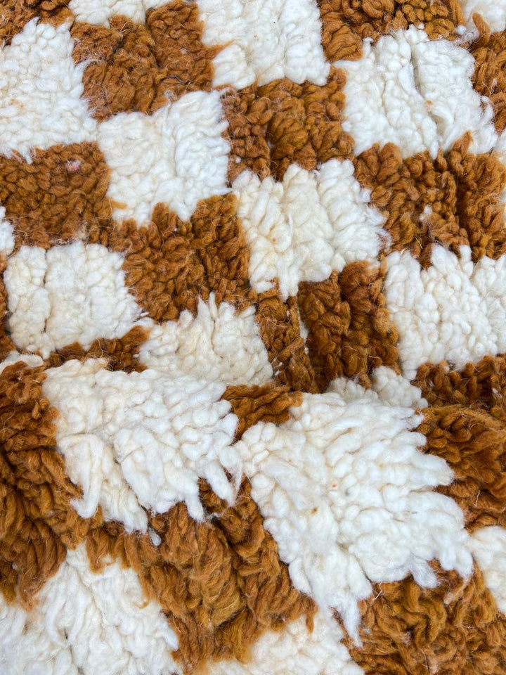 Handwoven brown and white checkerboard Moroccan wool runner rug