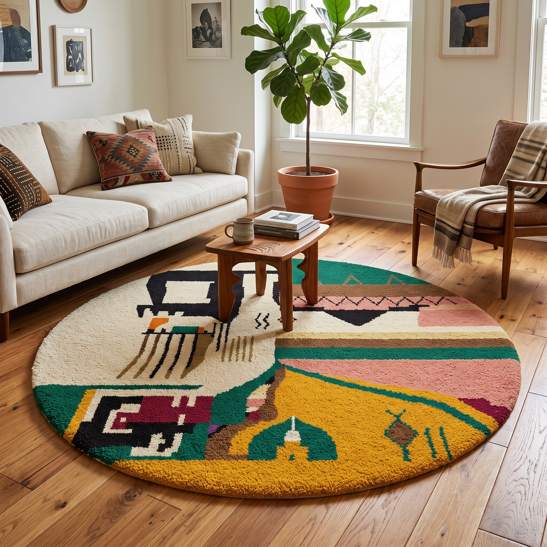 Colorful abstract Moroccan round rug with mustard, green, pink, and black geometric art pattern.