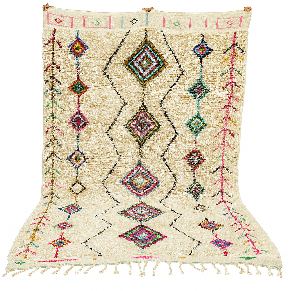 Colorful Beni Ourain Moroccan wool rug with diamond tribal patterns in pink, turquoise, and green on ivory background