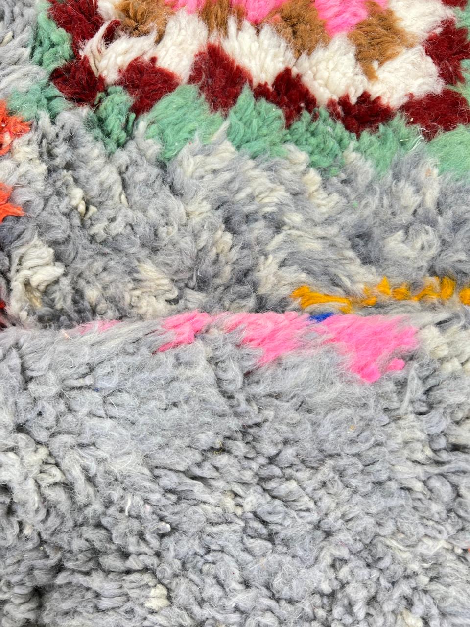 Colorful gray Moroccan wool rug with multicolored diamond motifs