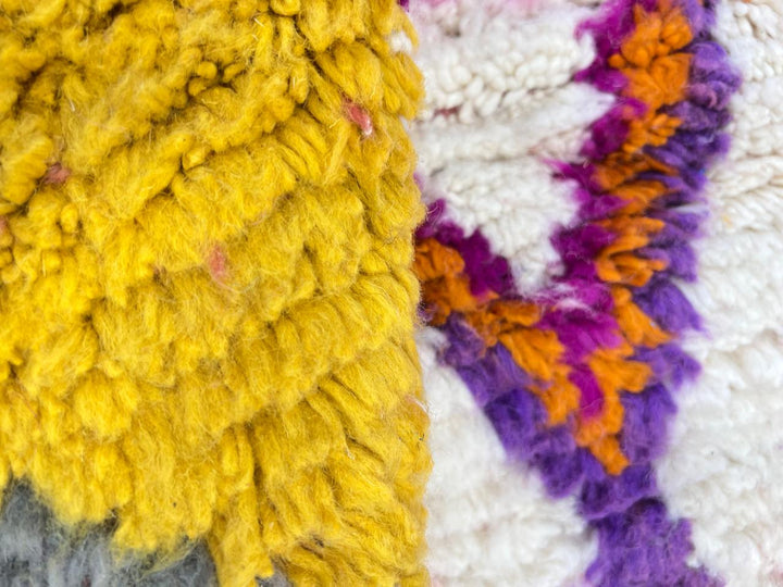 Handwoven colorful Moroccan wool runner rug with abstract diamond pattern