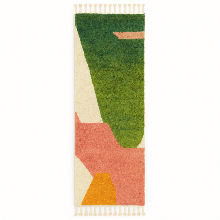 Colorful handmade Moroccan wool runner rug with abstract geometric design