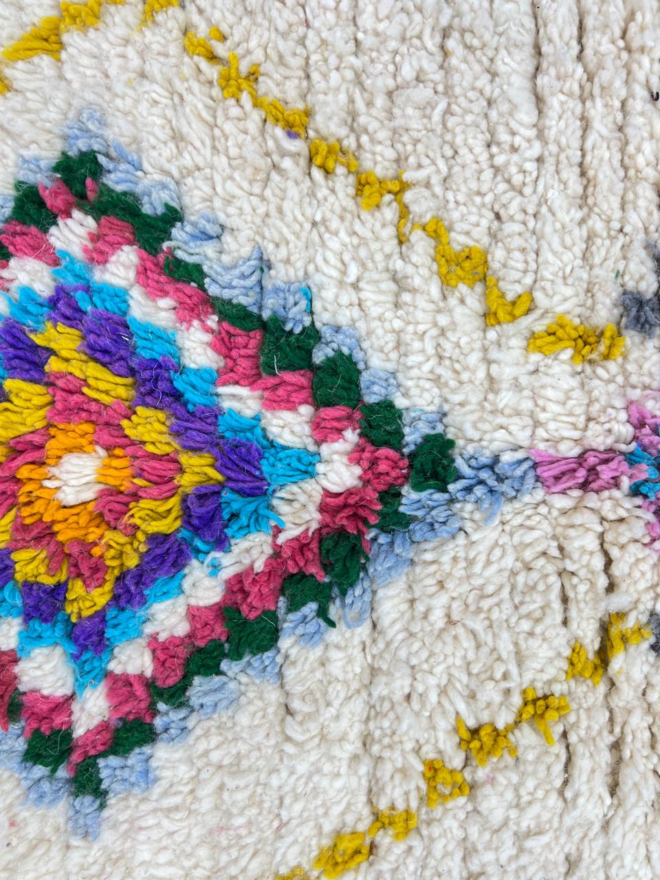 Colorful handmade Moroccan wool runner rug with multicolor diamond patterns on white background