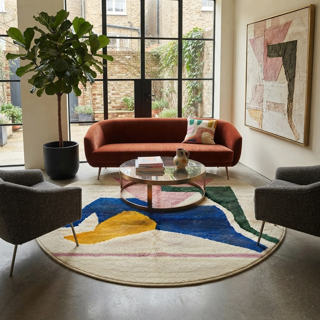 Round colorful Moroccan wool rug with abstract geometric shapes in pink, green, blue, and yellow.