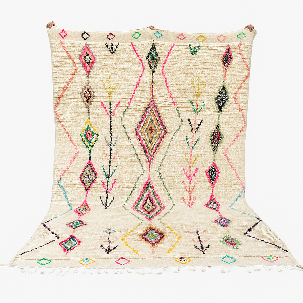 Colorful Moroccan wool rug with handwoven geometric and tribal patterns